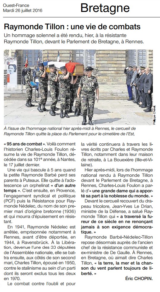 Ouest-France Hommage National à Raymonde Tillon Résistante